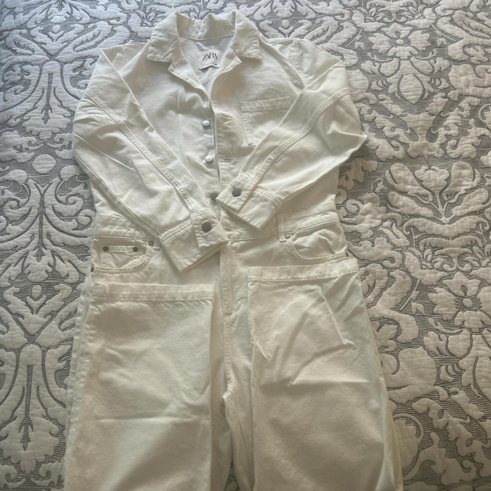 Zara White Denim Jumpsuit